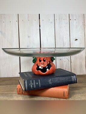 Halloween 13" Glass Cake Stand with Ceramic Pumpkin Jack O Lantern Base